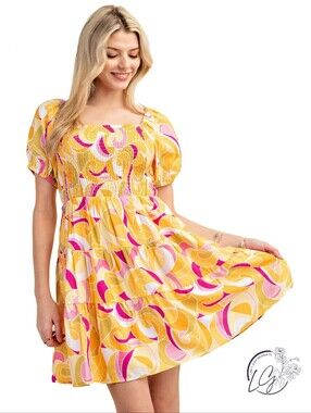 NWT Colorful Women's Dress with Pink and Yellow Swirls